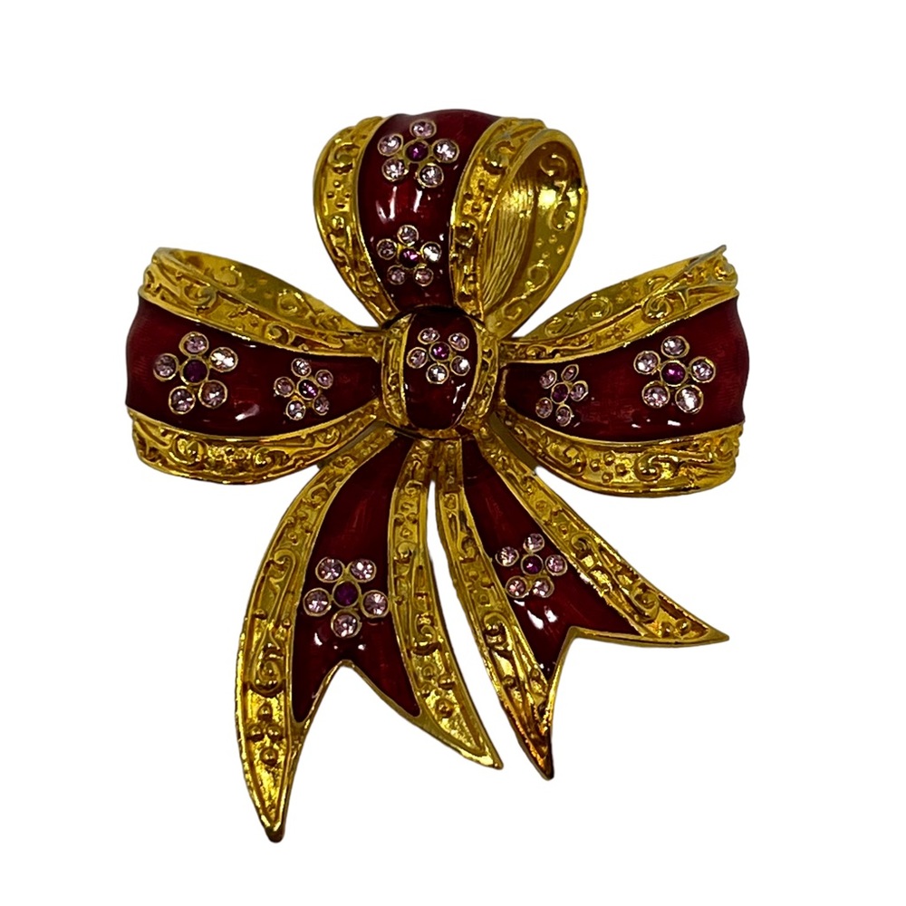Vintage Cranberry Red Enamel Rhinestones Ribbon Bow Brooch Pin